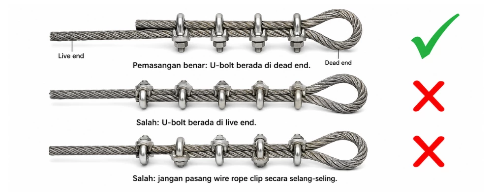 Permasangan wire rope clip Permasangan wire rope clip